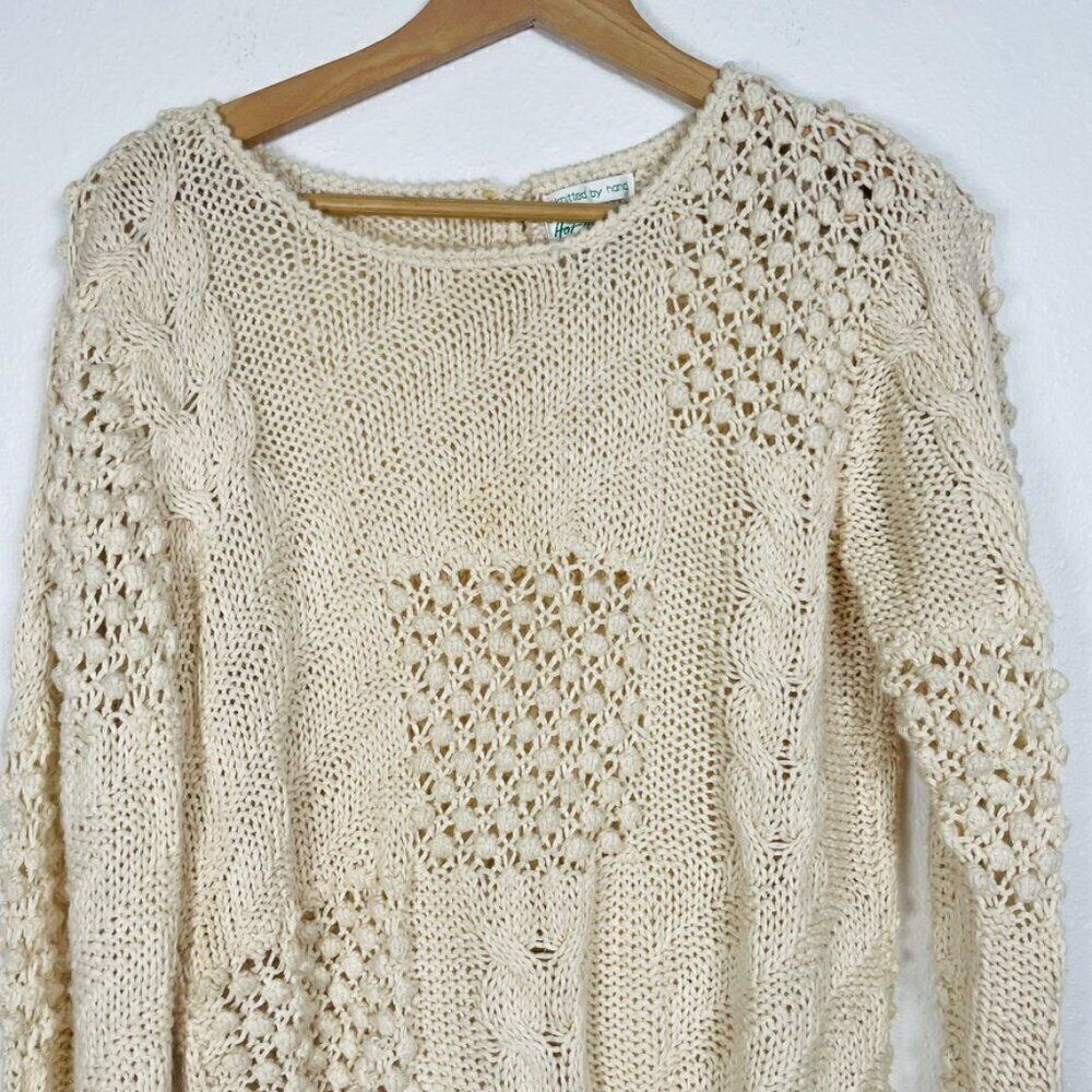 Vintage Hot Jazz Natural Made Hand Knit Cream knotted Eyelet Sweater Cottagecore - Picture 2 of 9